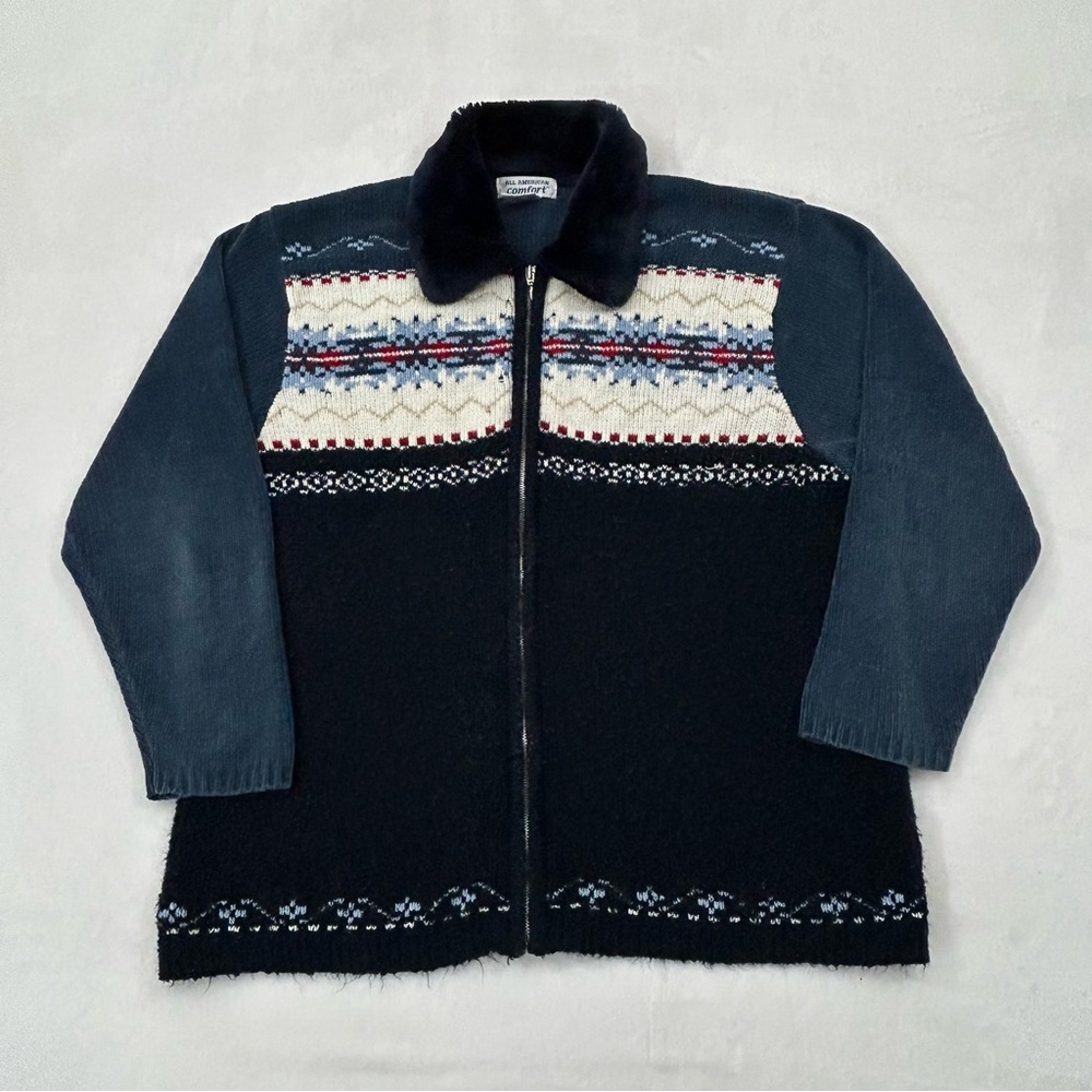 Vintage All American Comfort Winter Design Full Zip Acrylic Poly Sweater Adult L